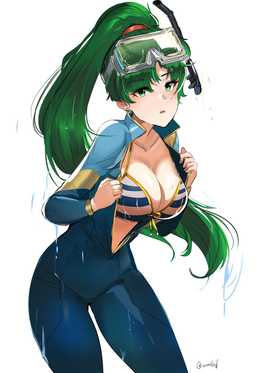 1girls alternate_costume artist_signature bikini blue_bikini blue_swimsuit blush bodysuit breasts cleavage commentary diving_mask diving_mask_on_head diving_suit fire_emblem fire_emblem:_the_blazing_blade goggles goggles_on_head green_eyes green_hair hi_res highres large_breasts long_hair looking_at_viewer lyn_(fire_emblem) lyndis_(fire_emblem) nintendo one-piece_swimsuit ormille ponytail skin_tight snorkel solo striped striped_bikini swimsuit undressing wet wetsuit white_background