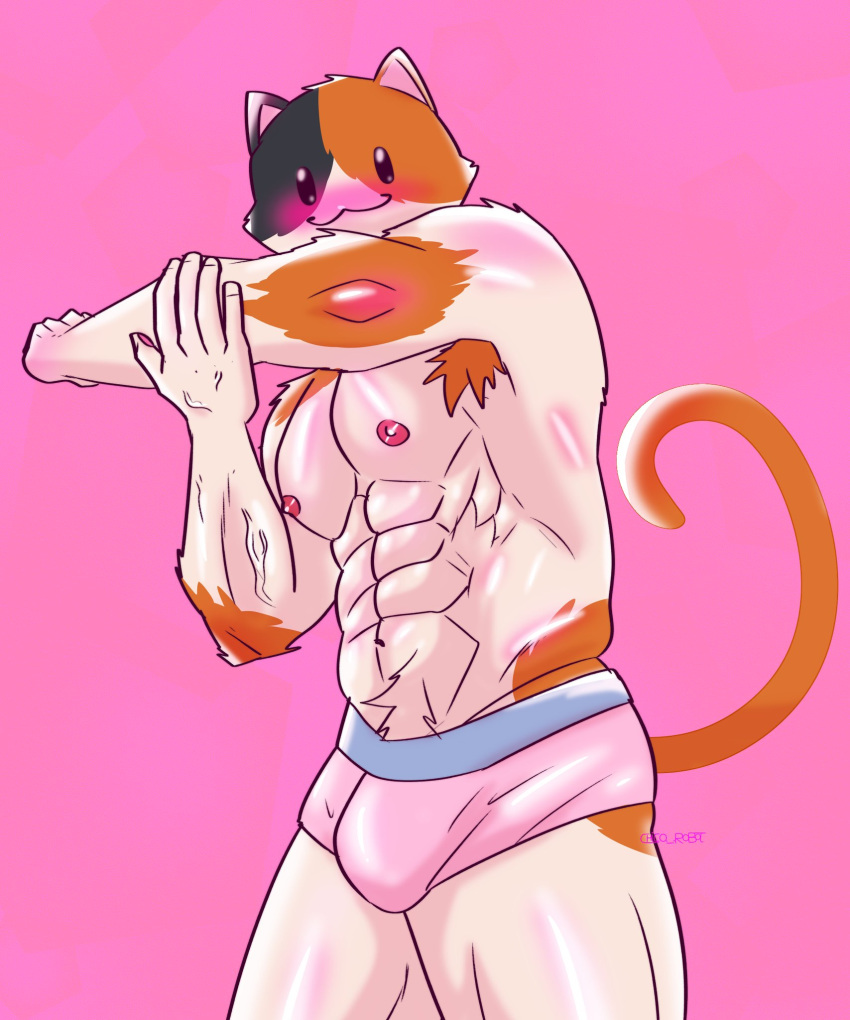 1boy 2021 5_fingers :3 abs anthro armpit_hair big_muscles blush body_hair bulge calico_cat chicorobot clothed clothing cute_face domestic_cat epic_games felid feline felis fingers fist fortnite furry glistening glistening_body highres male male_only mammal meowscles_(fortnite) mottled muscular muscular_anthro muscular_male navel nipples piebald pink_background pink_clothing pink_nipples pink_underwear simple_background smile solo standing topless underwear vein veiny_muscles video_games