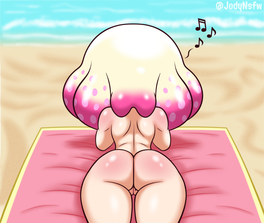 1girls ass beach crown inkling jodyinkfist laying_on_stomach nintendo nude nude_female pearl_(splatoon) pussy sea solo solo_female splatoon sunbathing tentacle_hair