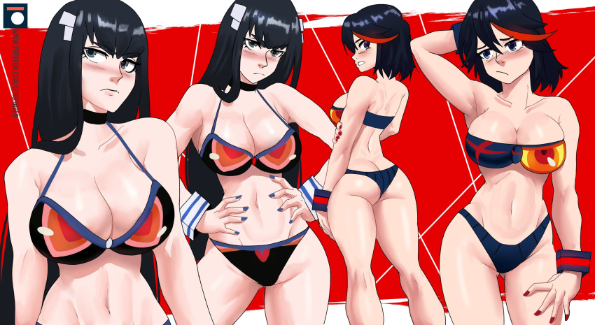 2girls ass back_view backside bangs big_breasts bikini black_hair blush blushing bra child_bearing_hips cleavage dark_hair echosaber embarrassed female female_only hands_on_hips kill_la_kill kiryuuin_satsuki large_breasts light-skinned_female light_skin long_black_hair long_hair matoi_ryuuko panties red_highlight red_highlights short_black_hair short_hair siblings sisters strapless studio_trigger swimsuit tagme two_tone_hair underwear