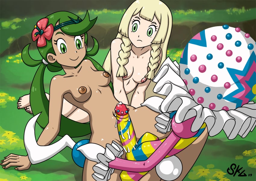 1boy 2girls blacephalon blonde_hair breasts female gravelurkertsk green_hair interspecies lillie_(pokemon) male mallow_(pokemon) multiple_girls nintendo nude outside penis pokemon pokemon_sm pokephilia tagme ultra_beast