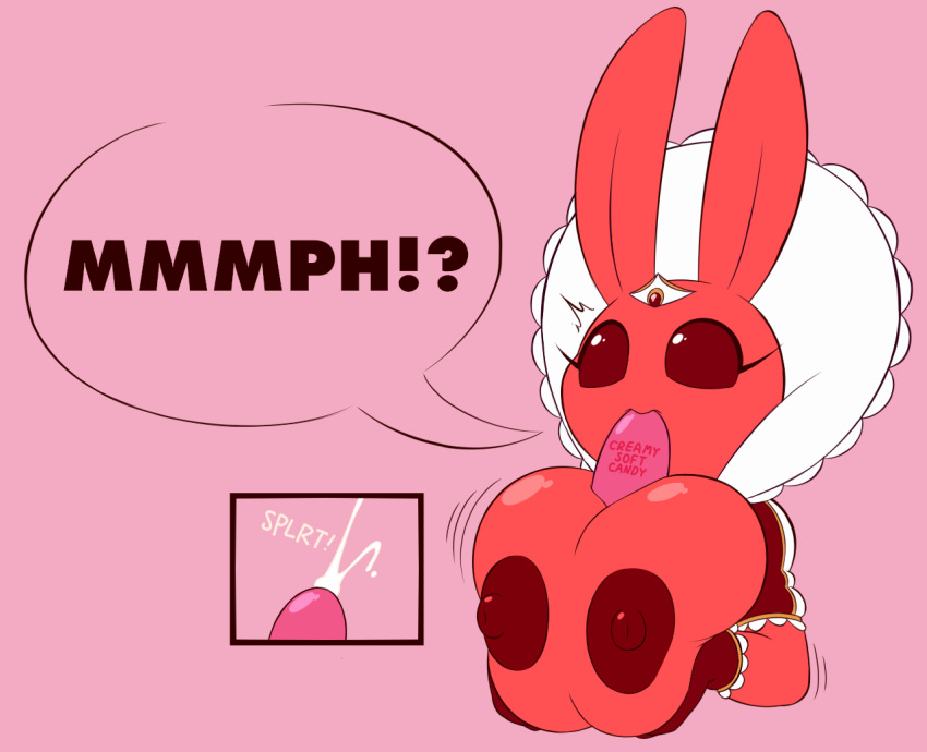 areola big_areola big_breasts breasts bunny_(averyshadydolphin) cream_(food) crown female food humanoid invalid_tag k--10 lagomorph leporid mammal nipples popsicle queen rabbit red_body royalty solo speech_bubble tiara