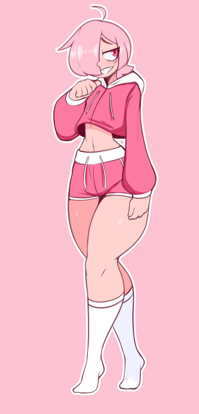 1boy booty_shorts crop_top crop_top_hoodie cute femboy frowntown human humanized male male_only medium_hair pink_(frowntown) pink_eyes pink_hair short_shorts shorts smile solo teeth thick_thighs trap wide_hips