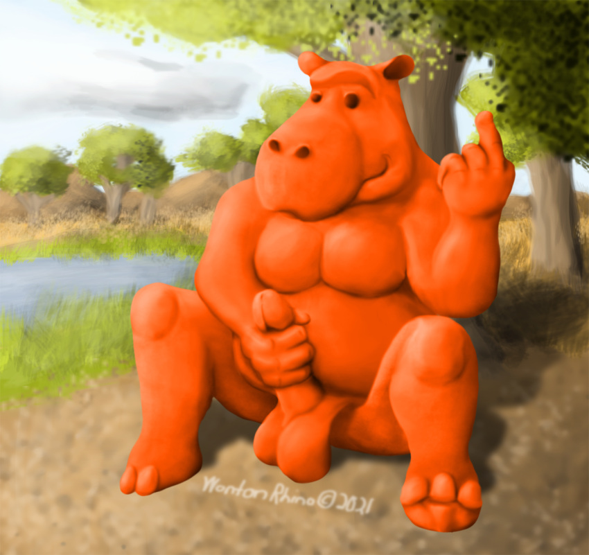 2021 anthro balls beady_eyes beckoning belly clay cloud detailed_background eye_contact genitals gesture goo_creature hand_on_penis hi_res hippopotamid hooves looking_at_another male mammal masturbation nude nude_male orange_body overweight overweight_anthro overweight_male penis plant savanna shaded shaded_background shaded_color shaded_face sitting sky smile smiling_at_viewer solo tree watering_hole wontonrhino