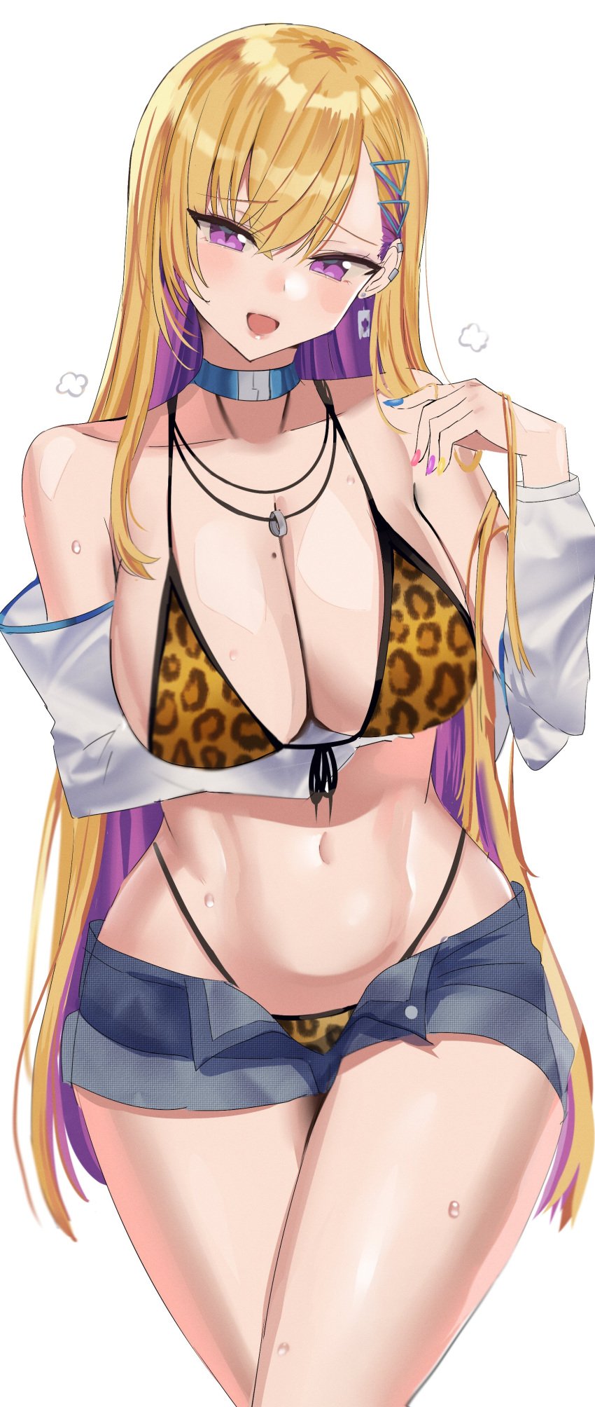 1girls 2021 arm_under_breasts bare_legs belly_button bikini_top blonde_hair blue_nails blush boryeon_(last_origin) choker detached_sleeves ear_piercing earrings female female_focus female_only gold_nails gyaru hanasaka_houcha hi_res highleg_panties hips jean_shorts last_origin leopard_print leopard_print_bikini light-skinned_female light_skin long_hair looking_at_viewer mole_on_breast multicolored_nail_polish nail_polish naughty_face necklace open_mouth open_shorts painted_nails pink_nails purple_eyes purple_hair ring_necklace short_shorts shorts simple_background slim_waist smile thick_thighs thighs two_tone_hair very_long_hair white_background white_sleeves wide_hips