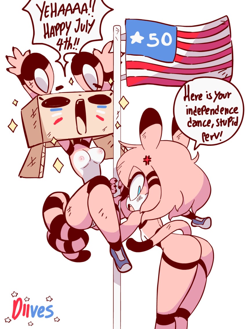 2girls american_flag animated anthro ass ass_shake breasts color colored dialogue diives english_text female female_only flag footwear fur furry furry_only huge_ass looking_at_viewer looking_back mostly_nude naked nude original original_character presenting presenting_hindquarters presenting_pussy pussy tail text thick_thighs tsundere xigua_(diives) xingzuo_temple zhongzi_(diives)