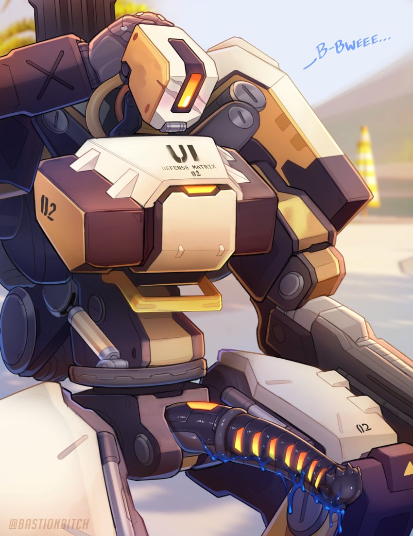 1_eye 1boy 1male alternate_costume bastion_(overwatch) blizzard_entertainment blue_cum color colored_cum cum cumming defense_matrix_bastion english_text glowing_penis gun horse_penis horsecock male male_only mechanical_penis metal no_humans omnic overwatch penis robot robot_boy sitting solo spiked_penis text wires yellow_eye