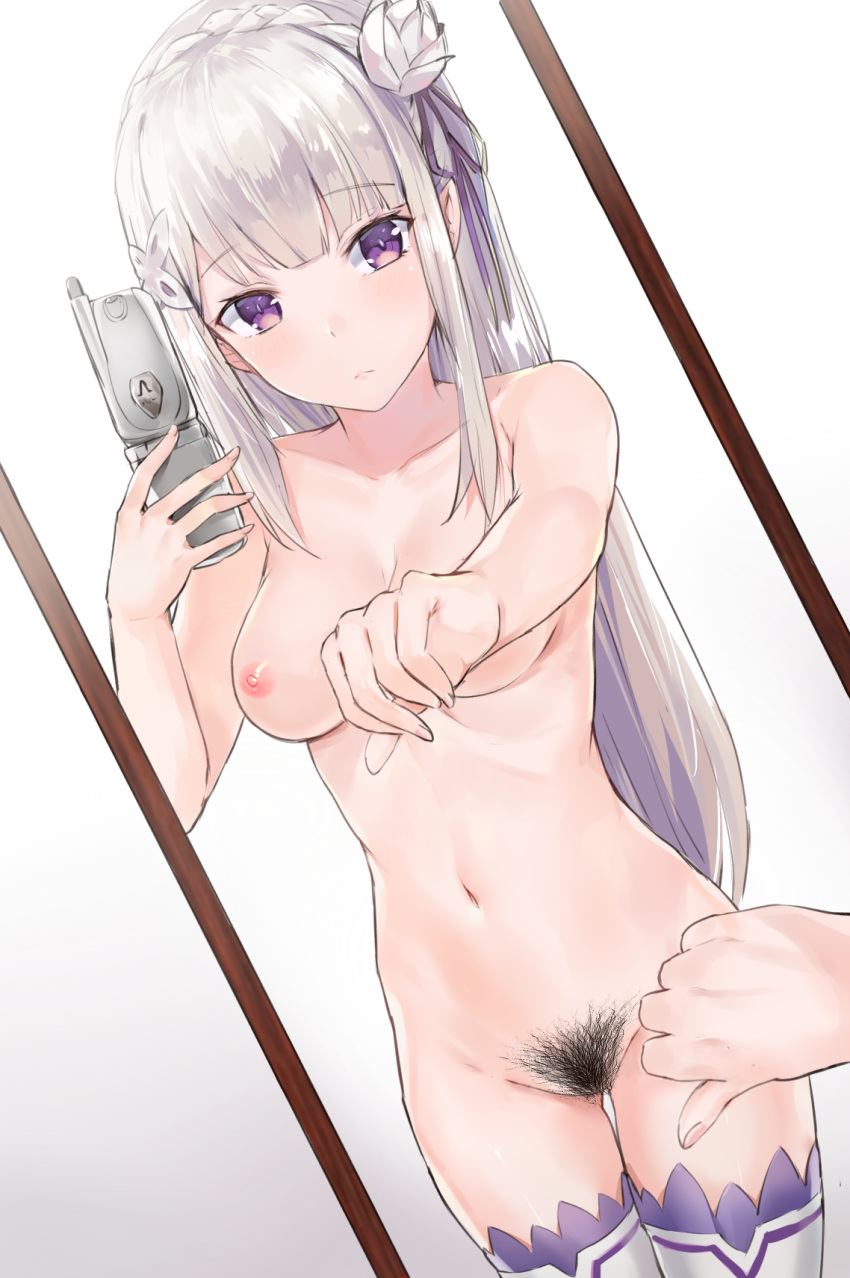 areolae breasts cellphone challenge_failed emilia_(re:zero) erect_nipples female female_only high_resolution kyouki large_breasts long_hair mirror mirror_selfie nipples nude one_finger_selfie_challenge phone pointed_ears pubic_hair pussy re:zero_kara_hajimeru_isekai_seikatsu self_shot selfie solo_female thighhighs third-party_edit white_hair wide_hips you're_doing_it_wrong