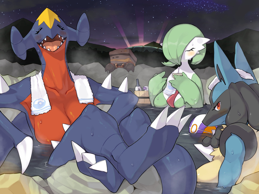 3girls alcohol anthro bath blush breasts closed_eyes cup female female_only garchomp gardevoir in_water kame_3 looking_at_viewer lucario multiple_girls night_sky nintendo nude nude_female onsen open_mouth pokemon pokemon_(species) pokemon_dppt pokemon_rse quality red_eyes sake sake_cup sharp_teeth steam towel_around_neck towel_on_head towel_on_shoulder very_high_resolution