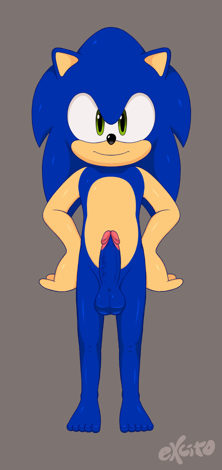 2021 anthro balls black_nose blue_hair digital_media_(artwork) erection eulipotyphlan excito front_view full-length_portrait fur furry furry_only genitals green_eyes grey_background hair hands_on_hips hedgehog hi_res looking_at_viewer male male_only mammal nude penis portrait sega signature simple_background solo sonic_(series) sonic_the_hedgehog sonic_the_hedgehog_(series) standing