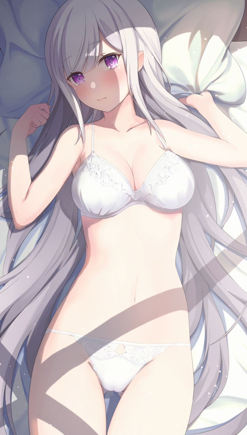 bangs bare_arms bare_shoulders bed bed_sheet blush bra breasts cameltoe clavicle cleavage closed_mouth echiru echiru39 elf emilia_(re:zero) eyebrows_visible_through_hair female frown high_resolution lingerie long_hair looking_at_viewer lying lying_on_bed medium_breasts navel on_back on_bed pantsu pillow pillow_grab pixiv_id_56006815 pointed_ears purple_eyes re:zero_kara_hajimeru_isekai_seikatsu silver_hair solo stomach swept_bangs thigh_gap underwear underwear_only very_long_hair white_bra white_panties white_underwear window_shade