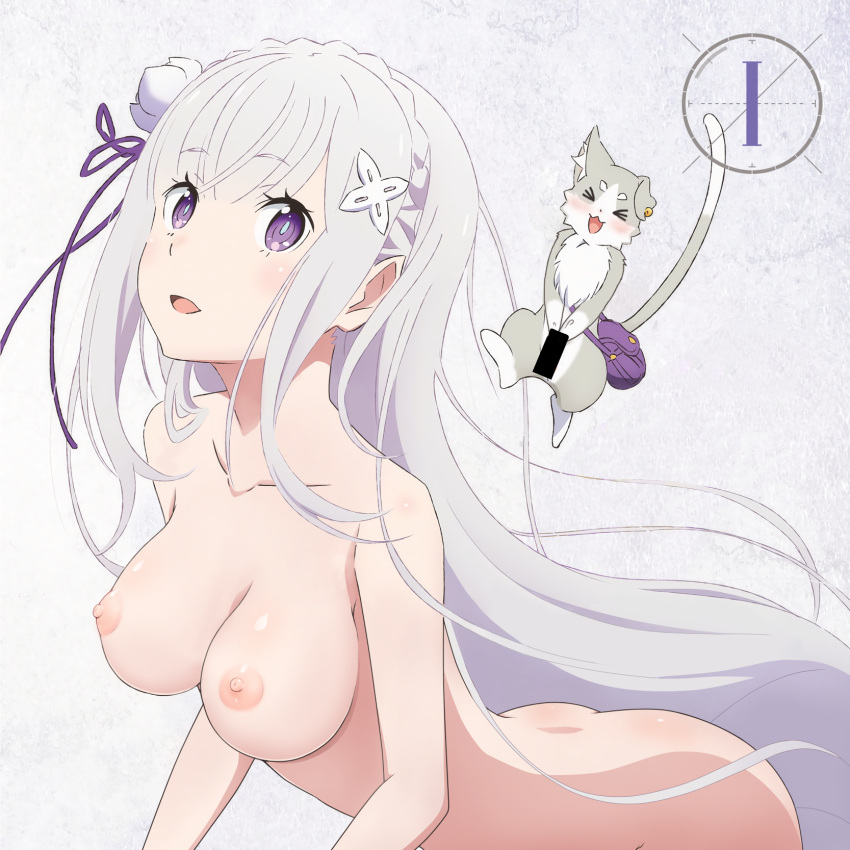 1:1_aspect_ratio ass bare_shoulders breasts censored cleavage completely_nude disc_cover emilia_(re:zero) feline female female_only high_resolution jewelry large_breasts long_hair nipples nude nude_filter open_mouth pointed_ears puck_(re:zero) re:zero_kara_hajimeru_isekai_seikatsu solo tagme third-party_edit