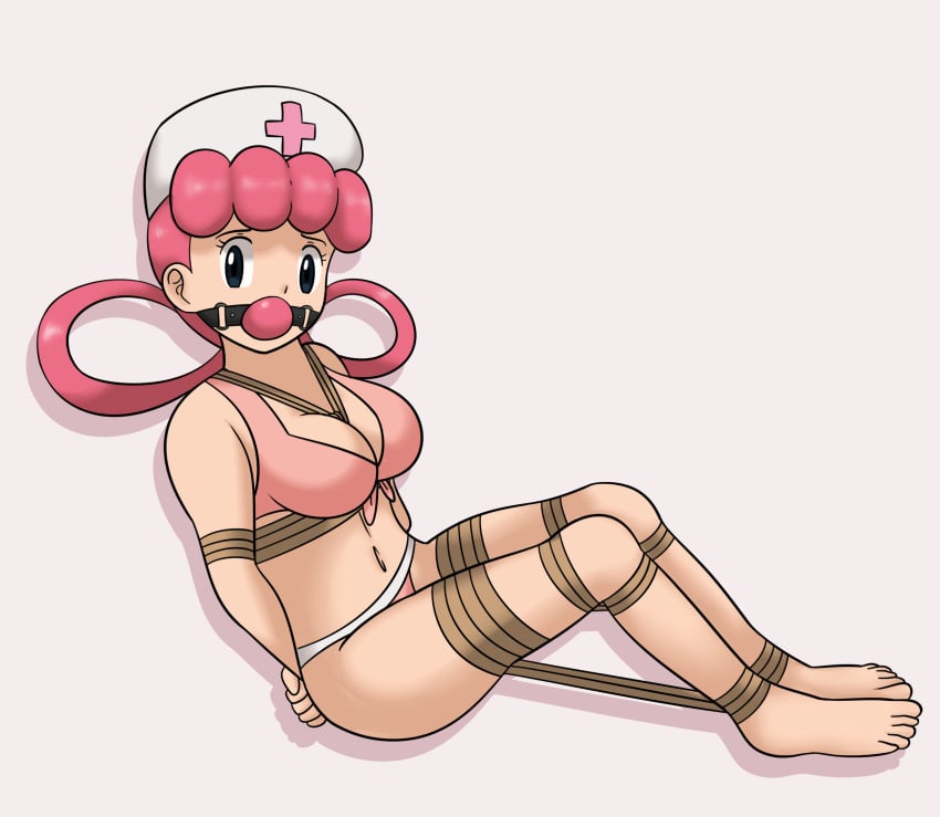 1girls arms_tied_behind_back ball_gag black_eyes bondage bondage bra breasts dankestofdans gag gagged hair_loops large_breasts legs_tied looking_at_viewer midriff navel nintendo nurse_joy panties pink_ball_gag pink_bra pink_hair pink_panties pokemon rope rope_between_breasts rope_bondage shibari_over_clothes