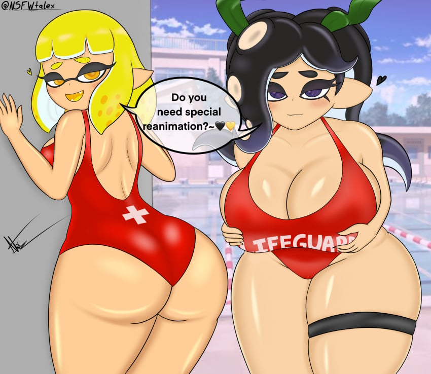 ass big_breasts black_hair holding_breasts inkling inkling_girl lifeguard nsfwtalex octoling octoling_girl small_breasts splatoon splatoon_2 swimsuit tanned_skin telaxart texalunax thick_thighs yellow_hair