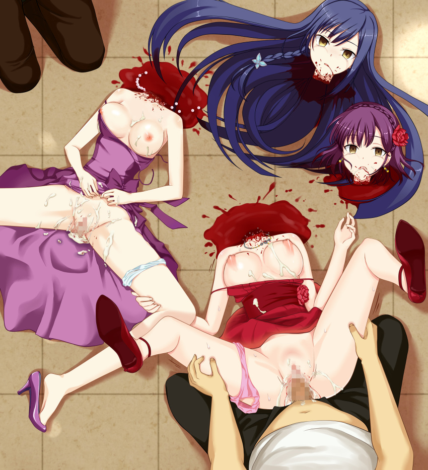 2boys 2girls blood blood_puddle blue_hair blush breasts breasts_out censored cleavage cum cum_in_pussy cum_inside cum_on_breasts cum_on_dress cum_on_face cum_on_hair death decapitated decapitated_head decapitation double_kill dress dress_lift empty_eyes female_death female_focus french_braid guro hair_ornament high_heels laying_down laying_on_ground legs_apart legs_held_open legs_up long_hair medium_breasts missionary_position necklace necrophilia original original_character panties panties_around_leg parted_lips pianist purple_dress purple_hair rape rape_face red_dress rose ryona severed_head short_hair slim straps tile_floor vaginal_penetration watari_laboratory yellow_eyes