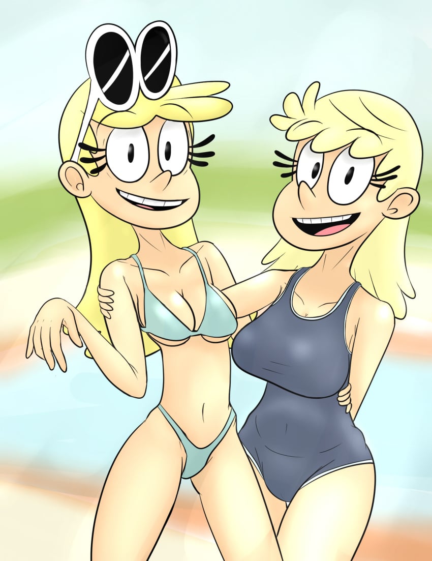 2girls arm_around_shoulder aunt_and_niece beach big_breasts bikini blonde_hair breasts cleavage curvaceous curvy daughter duo duskull_(artist) eyelashes eyewear_on_head female female_only hips inbred_bastard leni_loud liena_loud looking_at_viewer milf mother mother_and_child mother_and_daughter ocean one-piece_swimsuit one_breast_out open_mouth pussy smile sunglasses_on_head swimsuit swimwear the_loud_house thighs wide_hips