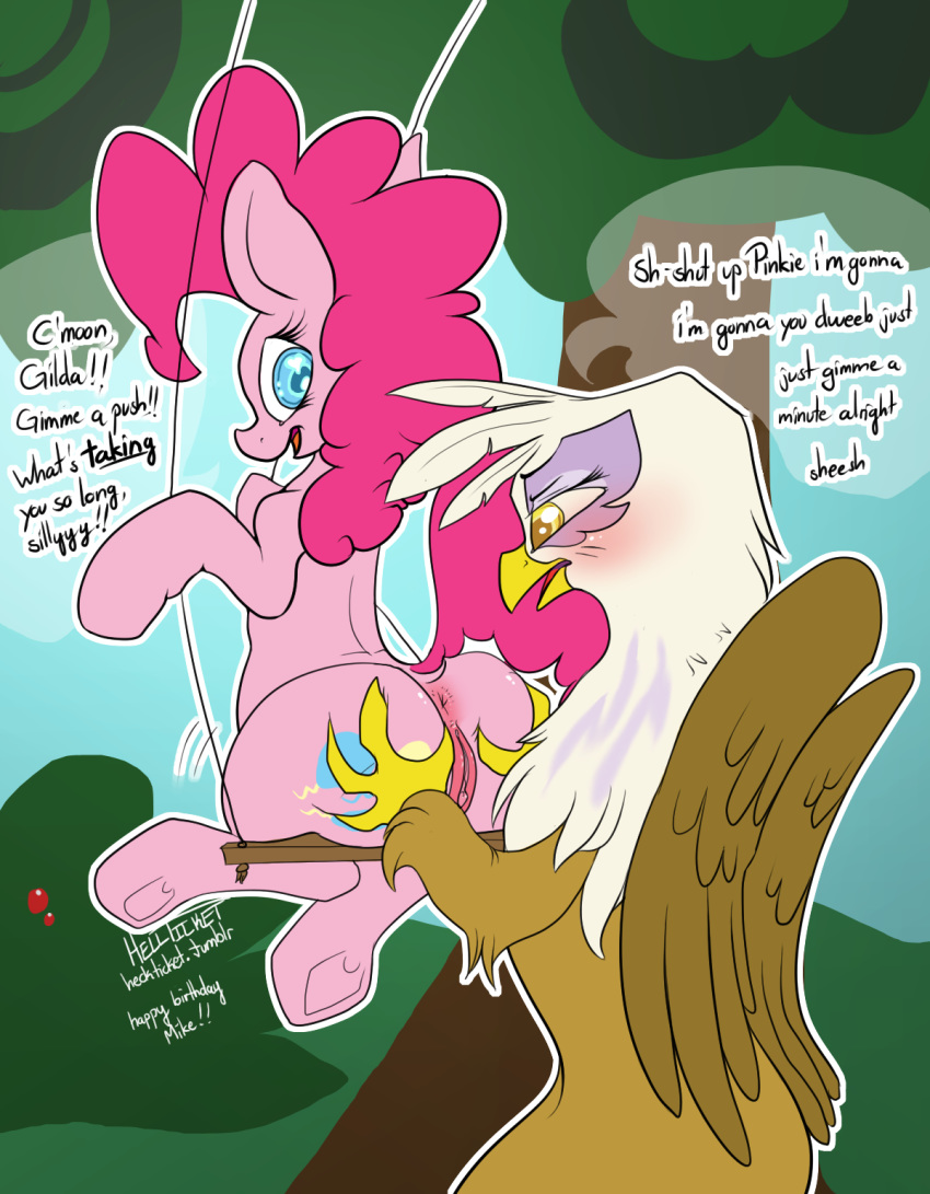 2014 anus ass ass_grab avian beak blue_eyes blush brown_fur cutie_mark dialog duo earth_pony english_text equine eyelashes female friendship_is_magic fur gilda_(mlp) gryphon hair hellticket hooves horse mammal my_little_pony outside pink_fur pink_hair pinkie_pie_(mlp) pony pussy straight_hair swing text uncensored white_fur