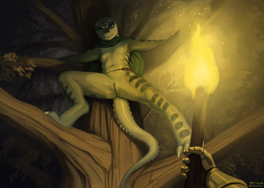 absurd_res against_natural_surface against_surface against_tree anthro breasts cape clothing duo faceless_character female fire first_person_view genitals hi_res hiding holding_object holding_torch in_tree light lighting lizard looking_at_viewer low-angle_view myst_(wyldfire) night plant pussy reptile scalie small_breasts solo_focus the-minuscule-task torch tree