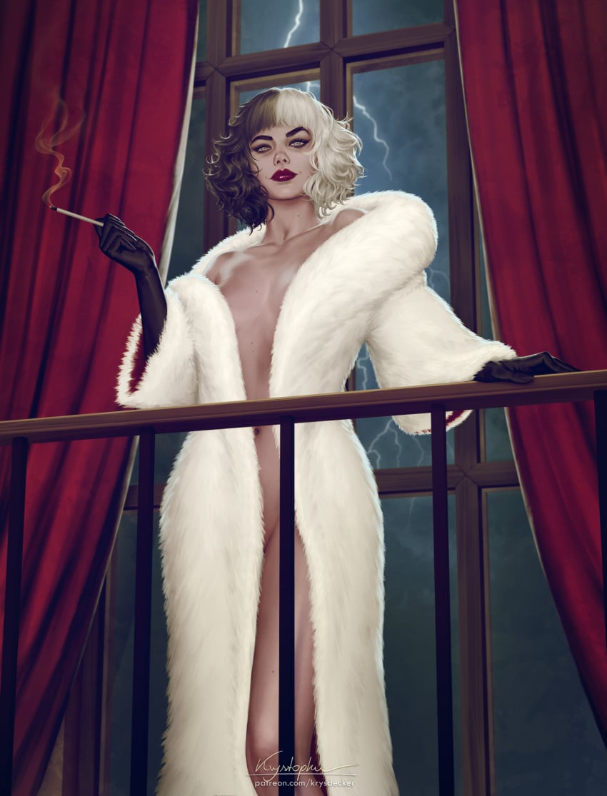 101_dalmatians armwear casual cigarette cruella_(film) cruella_de_vil disney disney_villains emma_stone female handwear human krysdecker outerwear pale_skin