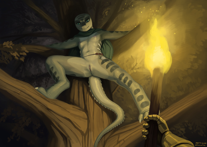 absurd_res against_natural_surface against_surface against_tree anthro breasts cape clothing duo faceless_character female fire first_person_view genitals hi_res hiding holding_object holding_torch in_tree light lighting lizard looking_at_viewer low-angle_view myst_(wyldfire) night plant pussy reptile scalie small_breasts solo_focus the-minuscule-task torch tree