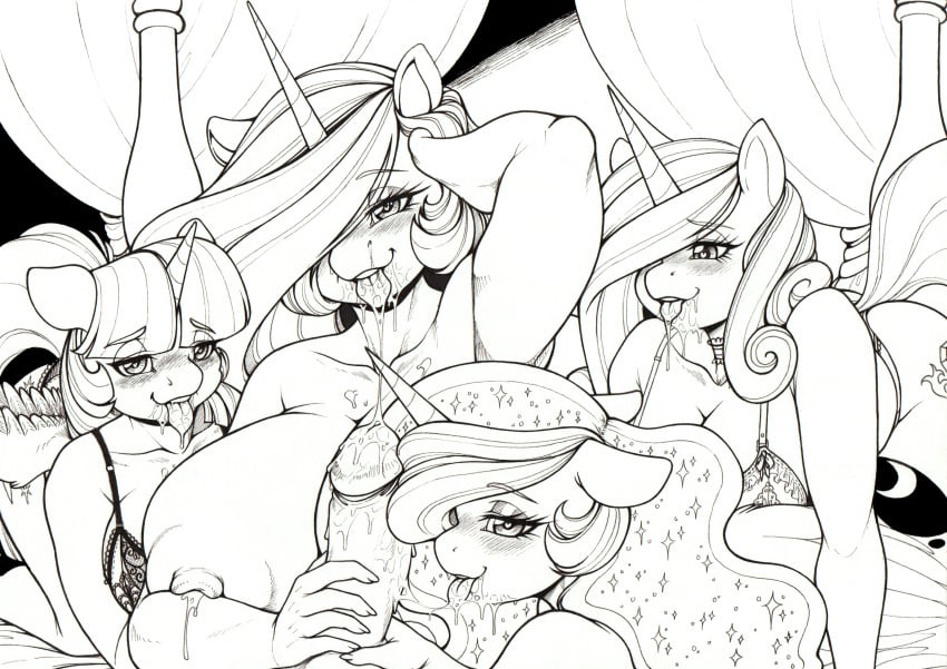 absurd_res alicorn anthro anthrofied big_breasts black_and_white bodily_fluids bra breasts cleavage clothed clothing equid equine female friendship_is_magic genitals group hasbro hi_res horn huge_breasts lactating longinius male male/female mammal my_little_pony panties penis princess_cadance_(mlp) princess_celestia_(mlp) princess_luna_(mlp) princess_twilight_sparkle_(mlp) semi_incest sibling sister sisters twilight_sparkle_(mlp) underwear wings