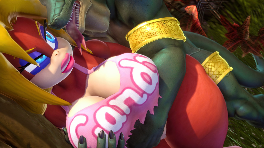 16:9 3d 4k absurdres alternate_breast_size ape ass blonde_hair blue_eyes bottomless brandi breasts breath candy_kong donkey_kong_(series) female gold_armband green_body green_scales grope_from_behind groping_breasts haplorhine highres interspecies kong kremling large_breasts lipstick lizard makeup male mammal monkey muscular muscular_male nintendo pink_clothing pink_topwear primate reptile scales scalie source_filmmaker straight tongue tongue_out topwear widescreen