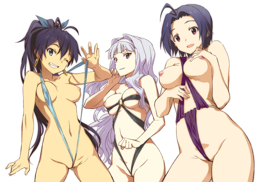 3girls bare_shoulders bikini bikini_pull black_bikini black_hair black_swimsuit blue_bikini breasts breasts_out_of_clothes clothes_pull covered_nipples female flashing ganaha_hibiki green_eyes grin groin group_comparison hairband high_resolution idolmaster idolmaster_(classic) large_breasts looking_at_viewer medium_breasts melon_sakiguchi midriff miura_azusa mound_of_venus multiple_girls navel nipple_slip nipples one-piece_swimsuit one_breast_out one_eye_closed partially_visible_vulva purple_bikini shijou_takane silver_hair simple_background sling_bikini sling_swimsuit smile swimsuit swimsuit_pull white_background wink