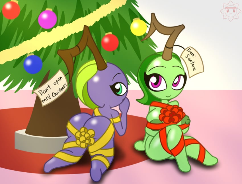 anthro anthrofied breasts christmas christmas_tree duo duo_focus female female_focus female_only flora_fauna gift_wrapped gift_wrapping grapes green_body living_gift looking_at_viewer mara_(screwroot) mica_(screwroot) naked navel nipples nude nude_female nudity oc on_knees original_character original_characters plant plant_humanoid plantie purple_body screwroot simple_background tag wrapped wrapping wrappings