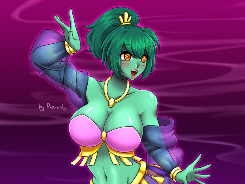 1girls brainwashing breast_expansion corruption dancer_position djinn female female_focus female_only genie green_hair green_skin harem_outfit huge_breasts hypnosis identity_death jewelry lipstick porniky rottytops shantae simple_background smiling smooth_skin transformation