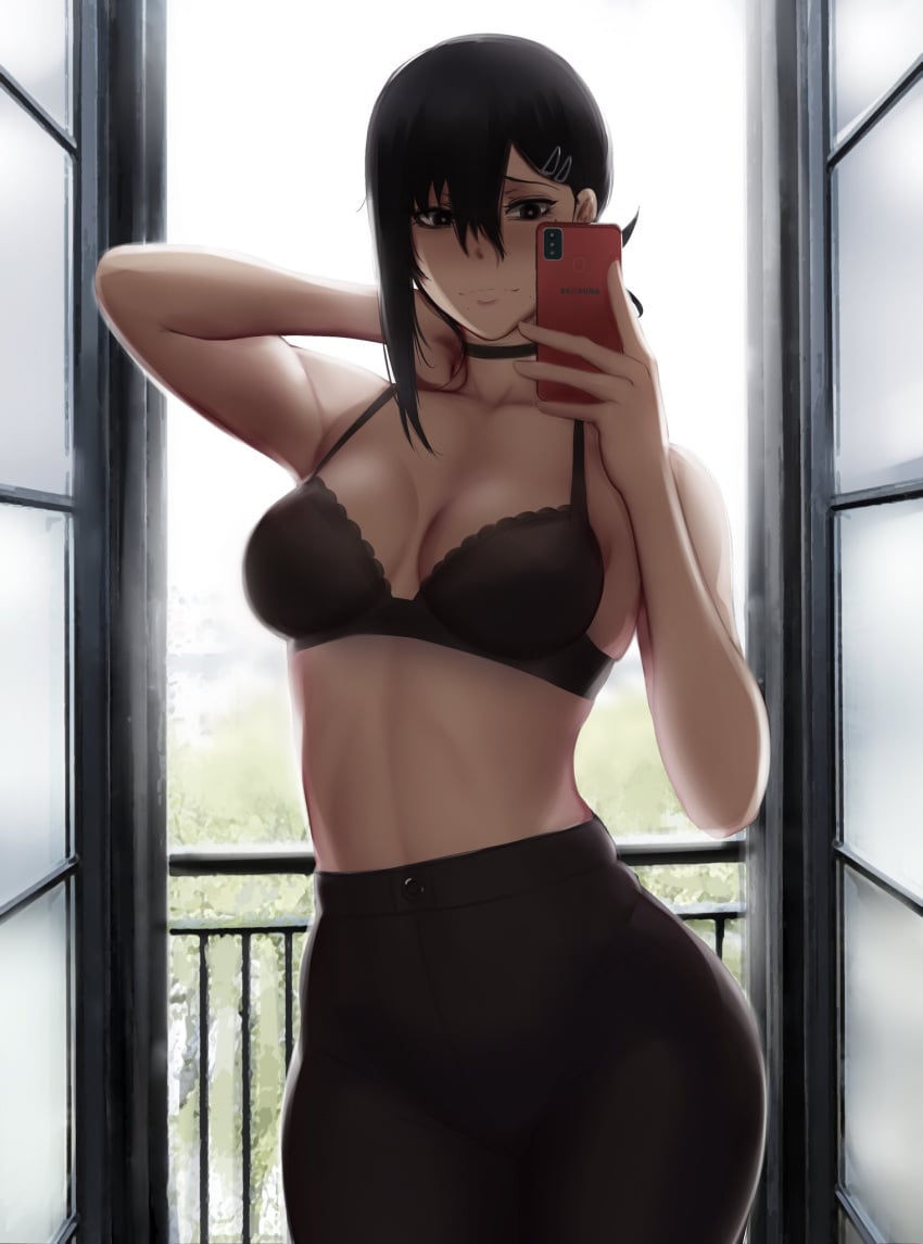 big_breasts black_hair bra chainsaw_man higashiyama_kobeni taking_picture thick_thighs tight_pants zaki_btw