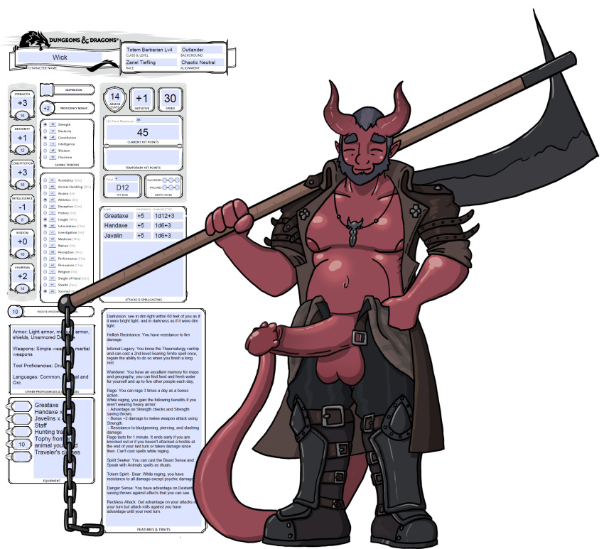 barbarian bare_chest big_penis character_sheet dungeons_and_dragons enjoymentforced horn jack_cayless male male_only red_skin tail tiefling wick_(jack_cayless)