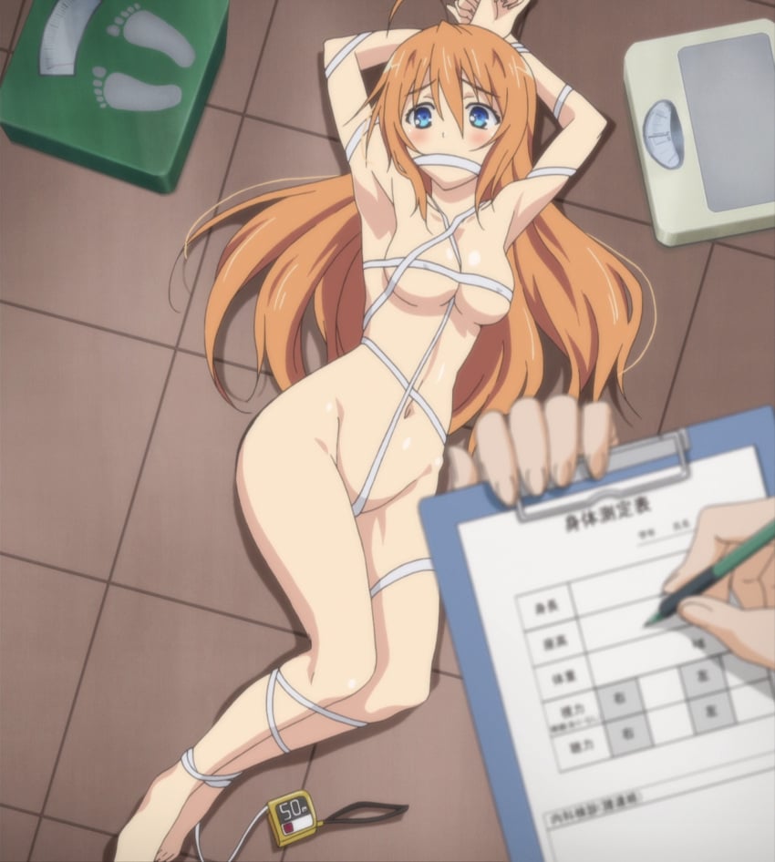 1girls arms_tied arms_up barefoot bdsm belly belly_button blue_eyes blush bondage bound bound_breasts breasts cleavage completely_nude crotch crotch_lines examination female gag gagged hands_on_head hands_tied helpless konoe_subaru legs legs_tied legs_together long_hair lying lying_down lying_on_floor mayo_chiki! measurements measuring_tape naked_ribbon navel no_agency nude nude_female objectification orange_hair physical_examination pussy recording restrained ribbon ribbon_bondage scale stripped_naked tape tape_bondage tape_gag tape_measure taped_arms taped_legs taped_mouth taped_nipples taped_pussy thighs tied_up weighing_scale