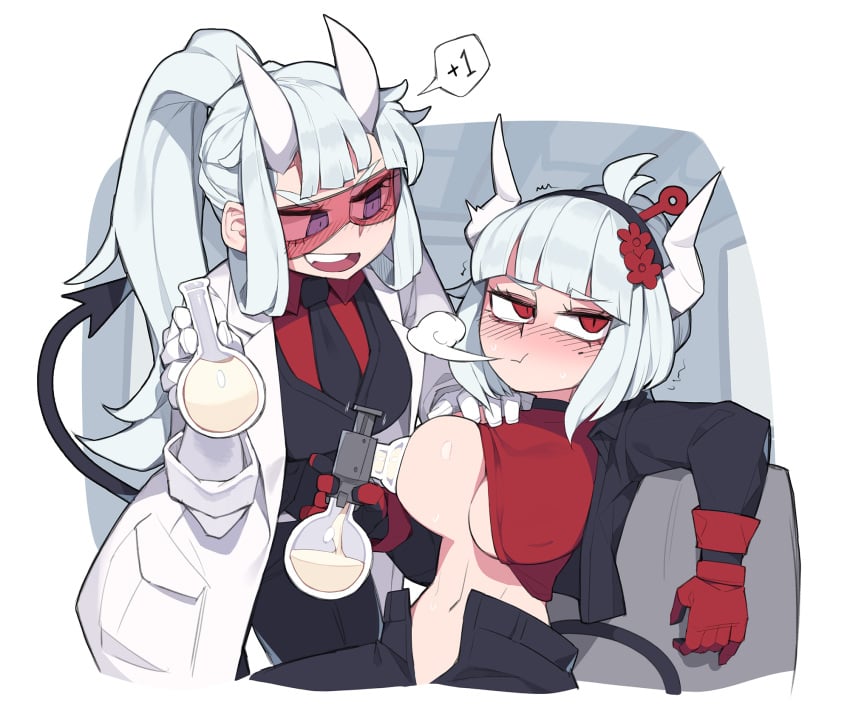 2demons 2girls big_breasts blush breasts business_suit ce-_-3 clothed exposed_breasts fully_clothed helltaker horns lactation long_hair looking_away loremaster_(helltaker) lucifer_(helltaker) milking pepper0 red-tinted_eyewear red_eyes sunglasses text tinted_eyewear visor white_hair