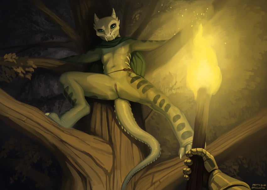 absurd_res against_natural_surface against_surface against_tree anthro breasts cape clothing duo faceless_character female fire first_person_view genitals hi_res hiding holding_object holding_torch in_tree light lighting lizard looking_at_viewer low-angle_view mask myst_(wyldfire) night plant pussy reptile scalie skull_mask small_breasts solo_focus the-minuscule-task torch tree