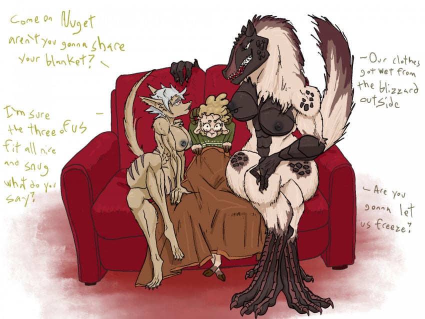 4:3 anthro armchair basitin big_breasts bovid breasts caprine chair dinosaur dongmei_miao english_text fan_character female female/female furniture group huge_breasts humor lips mammal muscular muscular_female nude nuget_okhin_(character) reptile scalie scar sheep size_difference text twokinds unknown_artist webcomic yuri zhenyaburnt_(character)