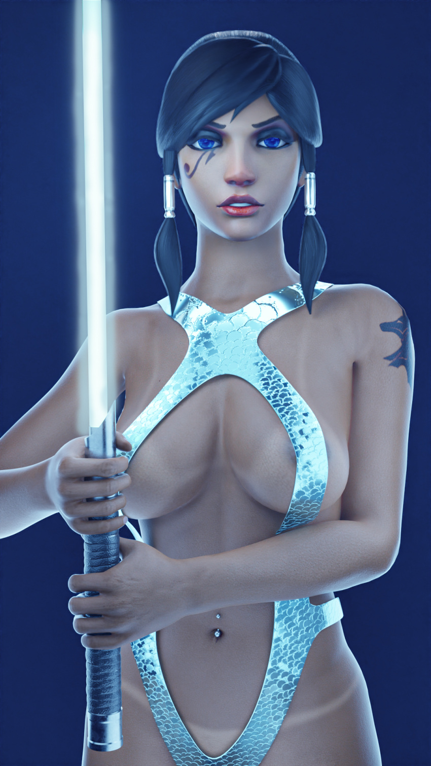 1girls 3d 3d_(artwork) alternate_costume alternate_version_available areola areola_slip arm_tattoo black_hair blue_background blue_eyes blue_lightsaber clothed clothed_female covered_nipples crossover dark-skinned_female dark_skin eye_tattoo facial_tattoo female_only holding_weapon jedi leotard lightsaber looking_at_viewer medium_breasts navel_piercing overwatch pahdom pharah piercing pinup red_lipstick science_fiction sidelocks solo solo_female star_wars tanline tattoo weapon