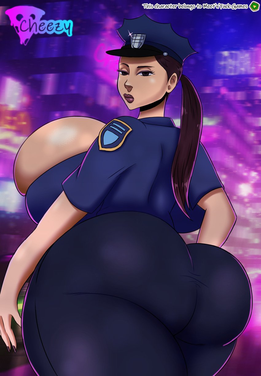 2021 brown_hair bursting_breasts cheezy city city_background cityscape cop huge_ass huge_breasts jasmine_juggs looking_back makeup meet_'n'_fuck_games meet_and_fuck police police_hat police_uniform policewoman ponytail thick thick_ass thick_thighs