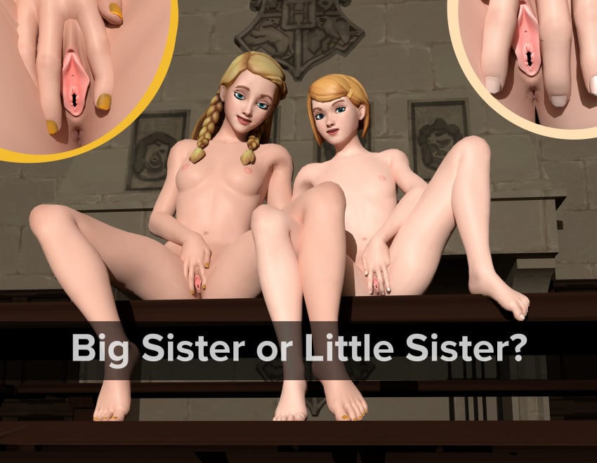 2girls 3d age_difference anatomically_correct anatomically_correct_pussy anus areolae barefoot beatrice_haywood blonde_hair blue_eyes blue_nails close-up dining_room duo english_text feet female female_only flat_chest gaspar great_hall happy harry_potter harry_potter:_hogwarts_mystery hogwarts hufflepuff indoors light-skinned_female light_skin lipstick long_hair looking_at_viewer looking_down looking_down_at_viewer nail_polish nails navel nipples nude on_table penny_haywood pussy pussy_close-up question red_lipstick short_hair sisters sitting sitting_on_table small_breasts smile spread_legs spread_pussy table take_your_pick text toes yellow_hair