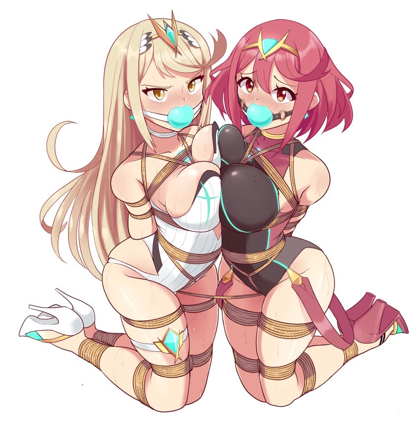 2girls arms_behind_back bagelbomb ball_gag blonde_hair blush bondage bound bound_together breasts breasts_to_breasts female femsub gag gagged heels hi_res high_heels kneeling long_hair looking_at_viewer multiple_girls multiple_subs mythra nintendo one-piece_swimsuit pyra red_eyes red_hair restrained rope rope_bondage short_hair sweat swimsuit tiara tied tied_up xenoblade_(series) xenoblade_chronicles_2 yellow_eyes