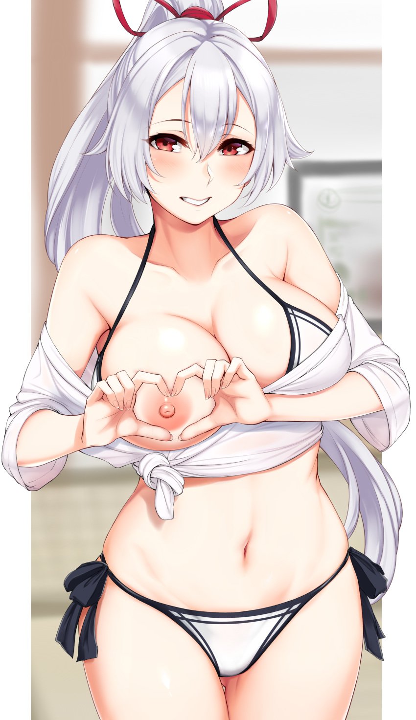 absurdres bare_shoulders bikini blush breasts collarbone fate/grand_order fate_(series) female grin heart heart-shaped_boob_challenge heart_hands highres kusahagane long_hair looking_at_viewer navel nipples ponytail red_eyes smile solo swimsuit tomoe_gozen_(fate) white_bikini white_hair