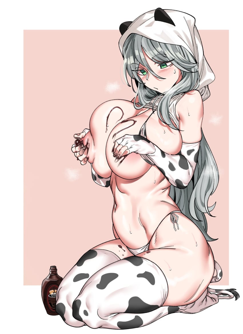 1girls blush bottle breasts chocolate chocolate_on_breasts cow_print cow_tail exposed_breasts female fingerless_gloves folds green_eyes grey_hair heart hood huge_breasts kneeling large_nipples long_gloves navel nipples panties simple_background skin_folds solo squeezing_breasts sweat tail tank_top tank_top_lift thighhighs thighs urec very_long_hair