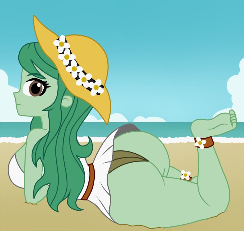 1girls ankle_cuffs ass barefoot beach big_ass big_breasts big_butt breasts brown_eyes butt_crack cloud dress equestria_girls fat_ass feet female female_only forgotten_friendship friendship_is_magic green_body green_hair green_skin hat hips horizon hourglass_figure looking_at_viewer lying_down lying_on_stomach mashoart minidress my_little_pony panties panty_peek prone sand sea shore shoreline soles solo solo_female sun_hat thick thick_thighs thighs voluptuous waist_belt wallflower_blush_(eg) water white_minidress wide_hips