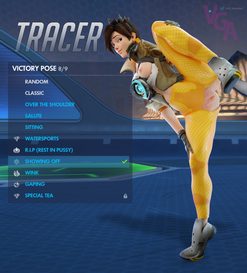 3d breasts brown_hair flashing flashing_breasts flashing_pussy gameplay_mechanics medium_breasts naked nude nude_female overwatch parody short_hair skinny solo solo_female topless tracer vganimated