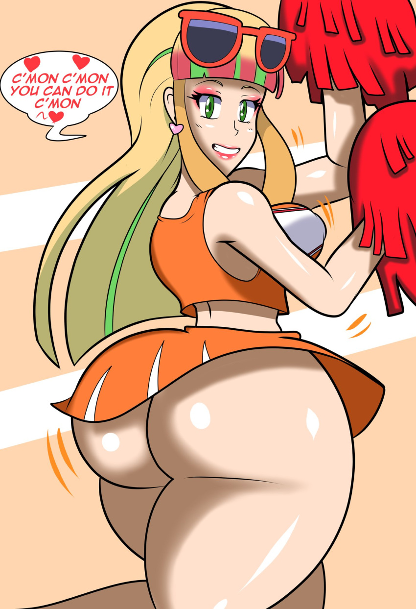 1girls ass big_ass big_butt cheerleader cheerleader_uniform earrings eye_contact eyelashes eyewear_on_head female green_eyes heart heart-shaped_earrings large_ass lisa_(minna_no_monogatari) long_hair looking_at_viewer multicolored_hair nintendo pokemon pokemon_(movie) pokemon_the_movie:_the_power_of_us risa_(pokemon) shingattai sunglasses sunglasses_on_head text thick_ass thick_thighs thighs wide_hips