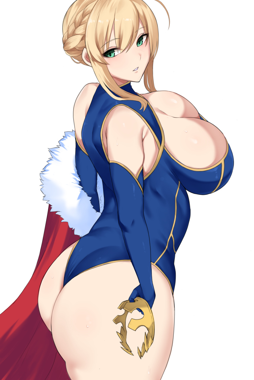 ahoge artoria_pendragon artoria_pendragon_(lancer) ass blonde_hair blush breasts cape cape_removed cleavage crown crown_removed elbow_gloves erimiko fate/grand_order fate_(series) female fur_trim gloves green_eyes highres holding_crown huge_ass large_breasts leotard looking_at_viewer red_cape solo sweat thick_thighs thighs white_background