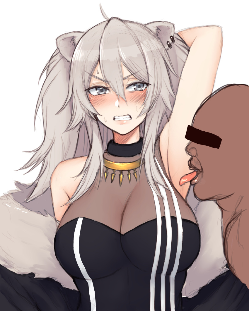 1boy1girl animal_ear_fluff armpits bngl0121 female/male female_focus grey_eyes grey_hair hololive hololive_gen_5 hololive_japan kemonomimi licking licking_armpit lion_ears lion_girl male/female shishiro_botan sweat sweatdrop virtual_youtuber