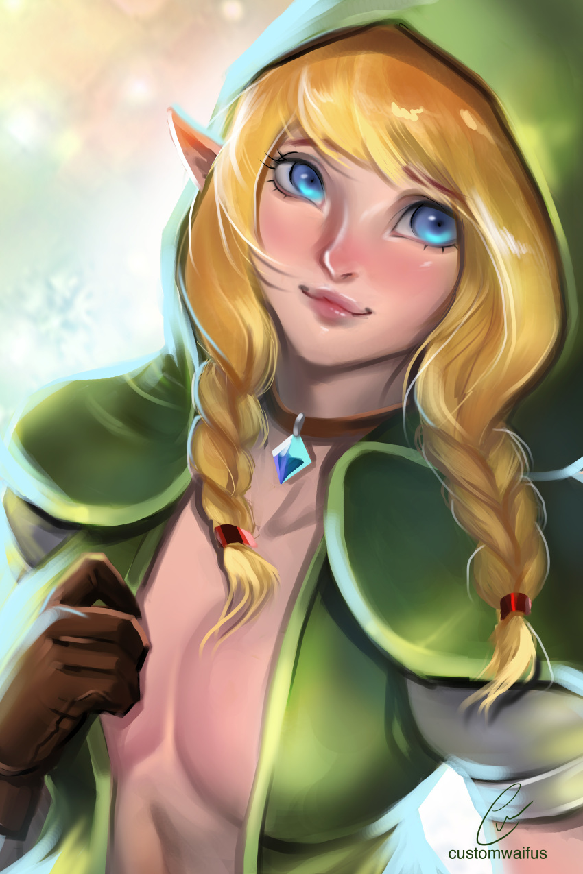 blonde_hair blue_eyes customwaifus female female_only handwear hi_res high_resolution highres hood humanoid hylian hyrule_warriors linkle neckwear outerwear pale_skin pointy_ears small_breasts solo solo_female the_legend_of_zelda