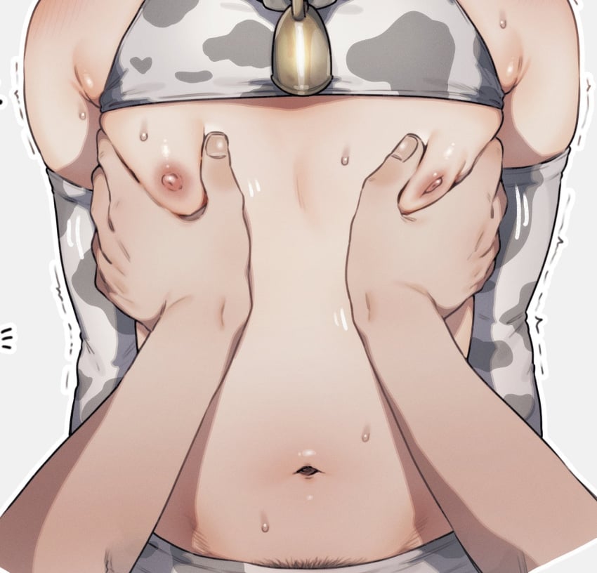 1boy armpits bell chest_grab cow_print gloves groping male_focus muroku_(aimichiyo0526) neck_bell nipples partially_clothed pubic_hair rubbing solo solo_male submissive_male tagme trembling