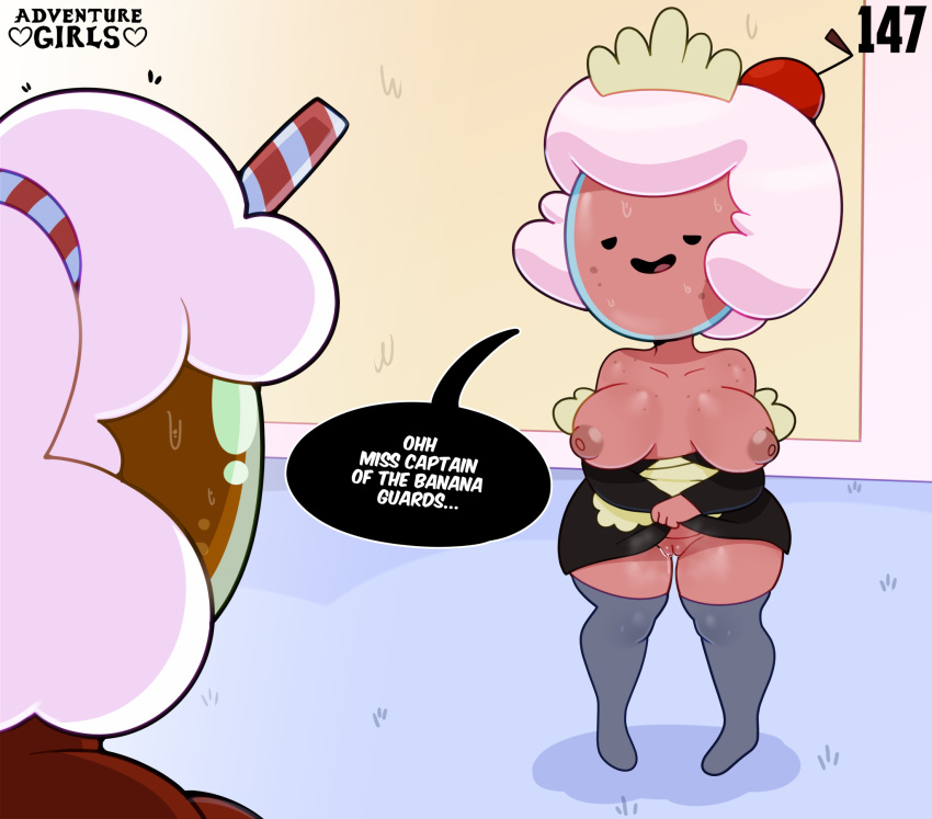 2021 adventure_girls adventure_time big_breasts bodily_fluids breasts cartoon_network cherry_cream_soda clothing dialogue duo english_text female genital_fluids genitals hi_res humanoid legwear male mob_face nipples pussy pussy_juice root_beer_guy somescrub sweat text