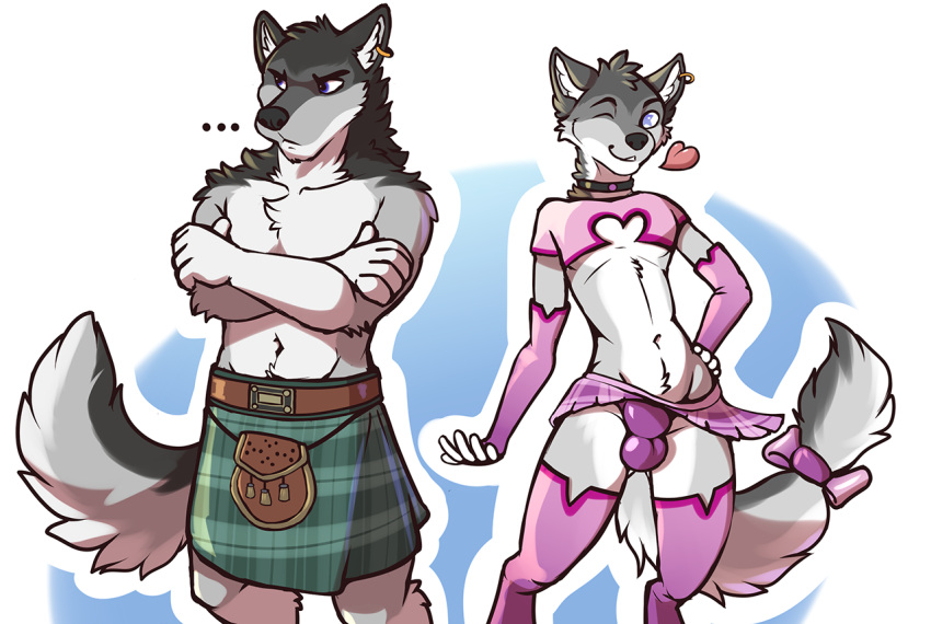 anthro awkore balls_outline bulge canid canine canis clothing collar detailed_bulge duo flirting genital_outline girly grumpy jonas-puppeh kilt legwear male mammal pattern_clothing penis_outline plaid plaid_clothing sporran stockings underdressed underwear wolf